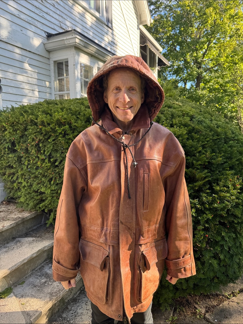 TKO Brown Hooded Leather Jacket w/Attached Backpack